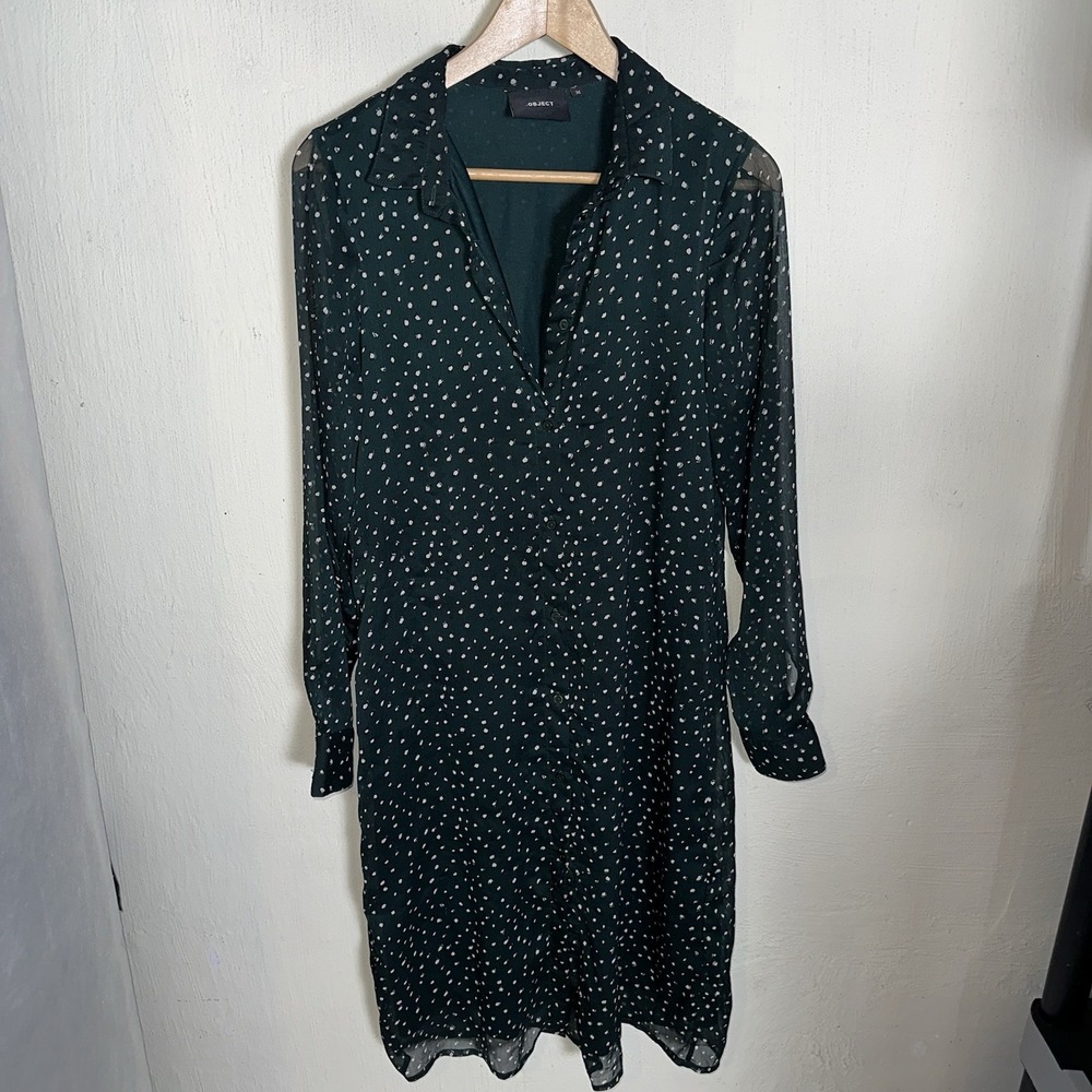 .OBJECT Collectors Item Printed Dress Sheer Sleeve Green Button Front UK 10/US 6